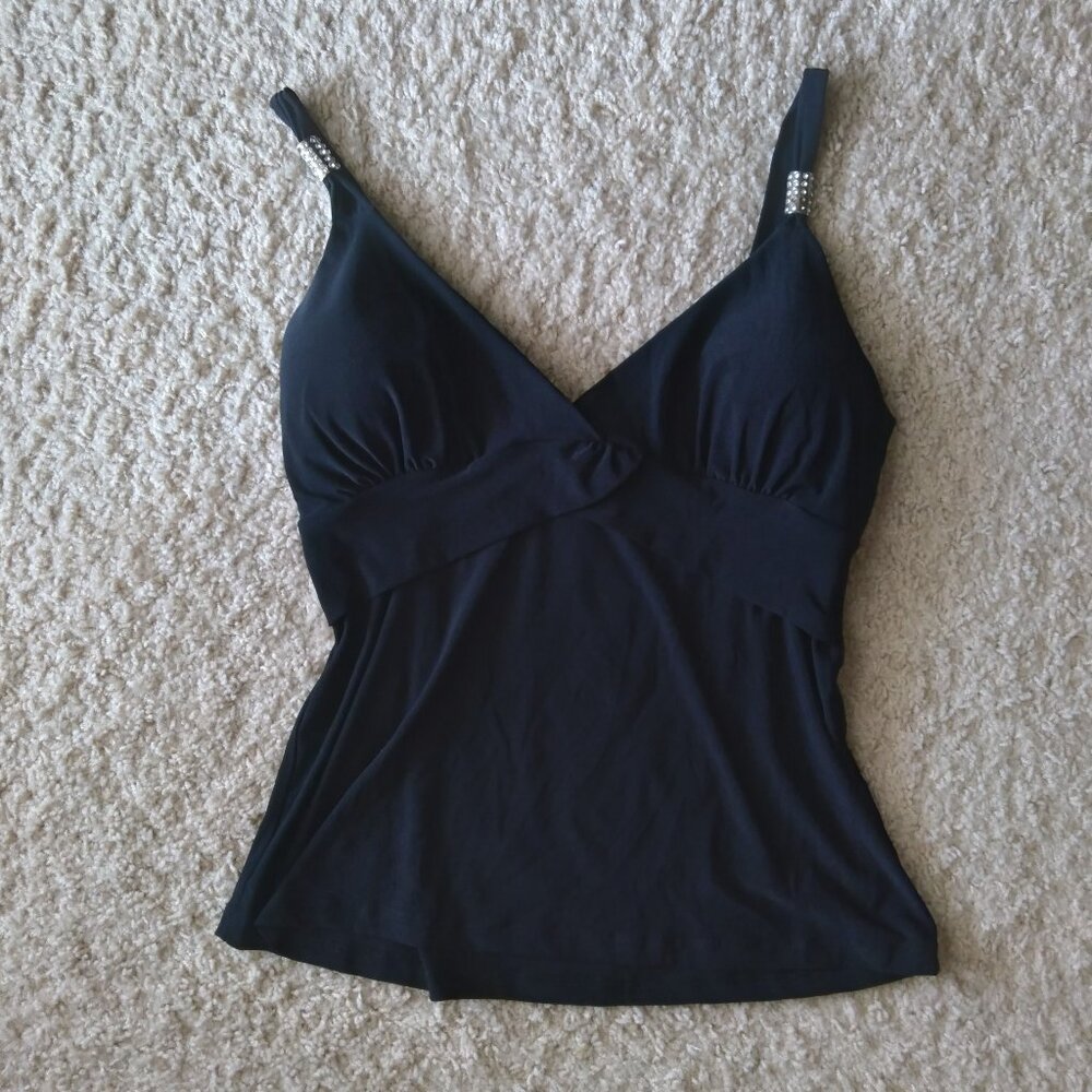 Vintage Y2K Fashion Exit Black Drapey Tank Top with Silver Cuff Rhinestone